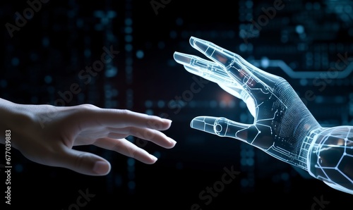 Hands of Robot and Human Touching together through computer moniter screen in dark background. Virtual Reality Augmented reality Artificial Intelligence technology  twin driven smart, Generative AI photo