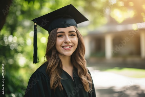 a smiling female graduate in her cap and gown