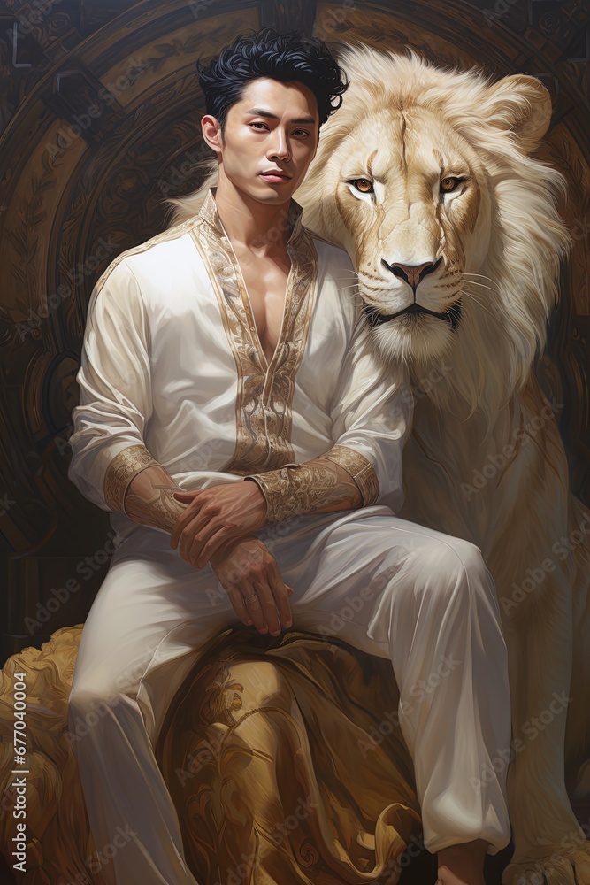 Fantasy Style Illustration of Handsome Male Character with a Lion for Profile Picture Animation Game Characters