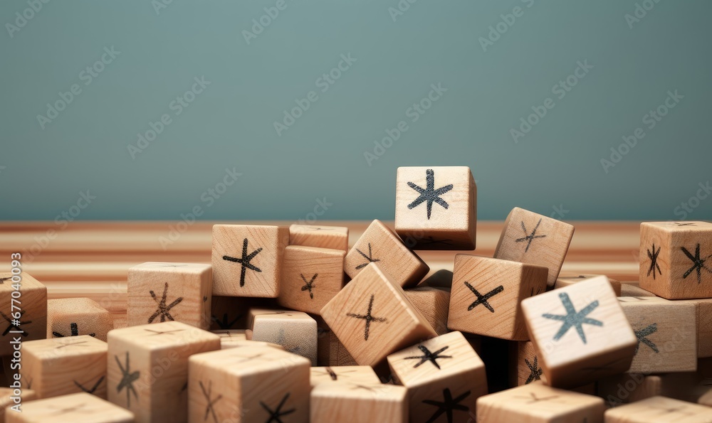 Plenty many wooden blocks full crossed marks table background. Wrong mistakes failure faults symbol. Defect malfunction error bug imperfection inaccuracy product manufacturing production, GenerativeAI - obrazy, fototapety, plakaty 