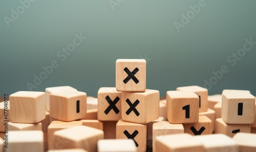 Plenty many wooden blocks full crossed marks table background. Wrong mistakes failure faults symbol. Defect malfunction error bug imperfection inaccuracy product manufacturing production, GenerativeAI photo
