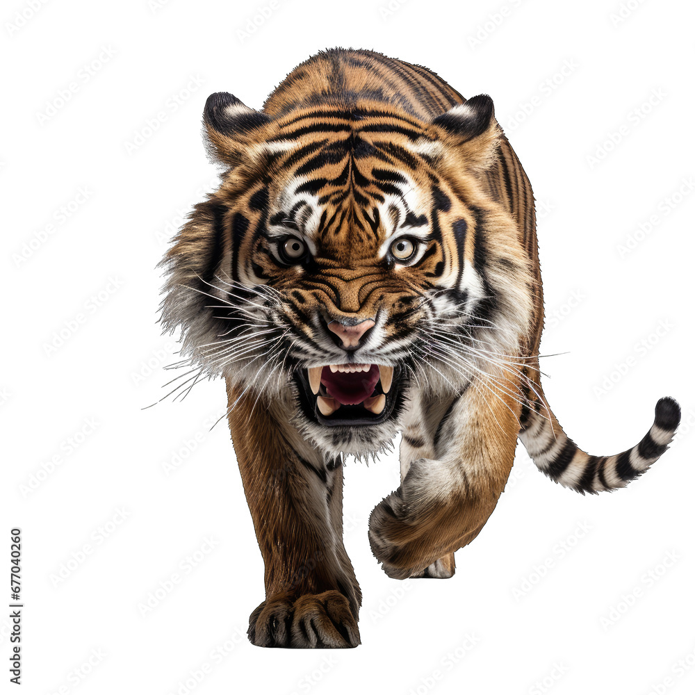 Fototapeta premium Angry Tiger Walking Front View Isolated on Transparent or White Background, PNG