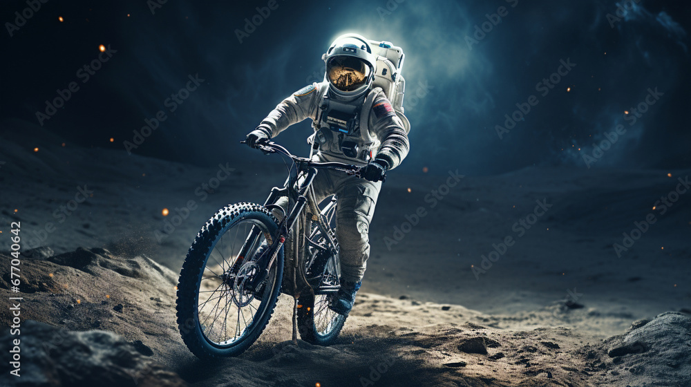 An astronaut rides a bicycle on the moon.