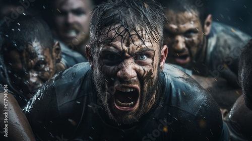 Dynamic photo of a rugby player holding the ball and trying to move forward. Rugby World Cup. The concept of emotions of sports victory photo