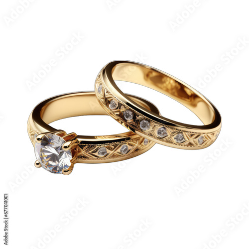 Gold Wedding Rings with Large Diamond Isolated on Transparent or White Background, PNG