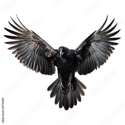 Flying Raven with Wings Spread Isolated on Transparent or White Background, PNG
