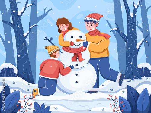 Vector illustration Kids and their father come together to build a snowman, creating memories filled with joy and laughter. This captures the essence of family bonding and the warmth on snowy days.