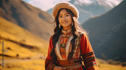 Peruvian woman in traditional clothing on an Inca trail - path in Cusco, Peru
