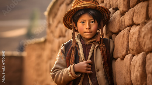 portrait of a Peruvian Quechua boy in traditional clothing on an Inca wall in Chinchero, Cusco, Peru photo
