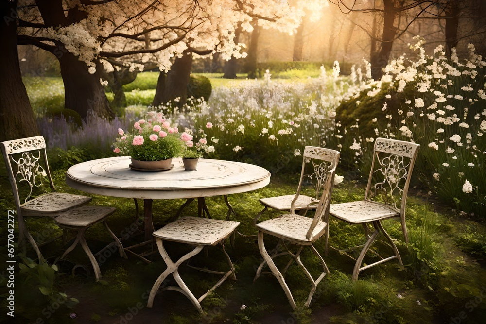 Vintage table and chairs in spring garden By  