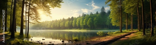 Serene Reflections: A Captivating Painting of a Tranquil Lake Nestled Amidst Lush, Verdant Trees