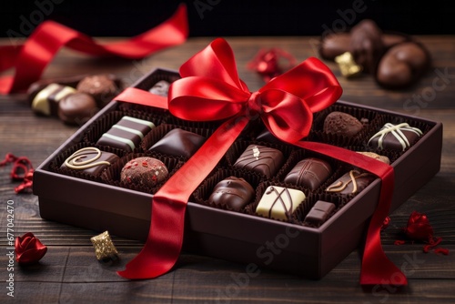 Luxurious box of assorted chocolates with a red ribbon bow. The chocolates are beautifully arranged, and their rich, delectable textures and flavors are prominently displayed. AI generative © tiena