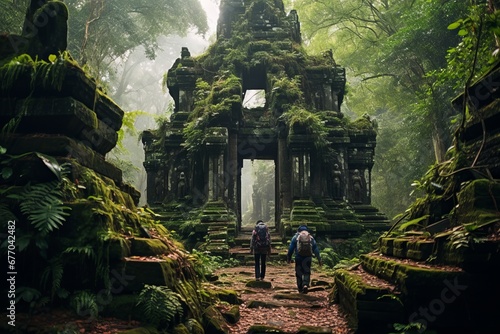 Group of  travelers exploring ancient ruins deep in the heart of a remote jungle  with moss-covered stone temples and lush vegetation all around. AI generative