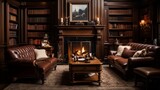 A vintage-inspired study with leather-bound books, antique furniture, and a roaring fireplace for a classic academic ambiance. 
