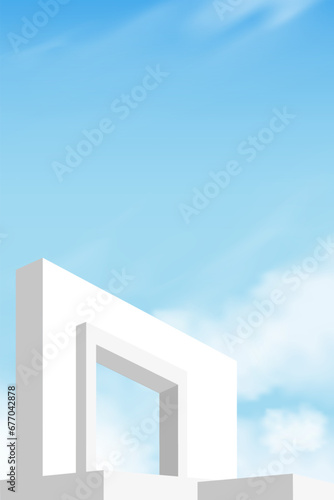White Wall Concrete with Open Window,Step Against Blue Sky and Clouds,Exterior Rooftop cement building,Minimal Modern architecture. with summer sky Backdrop Background for Spring, Summer