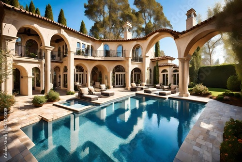 Beautiful home exterior and large swimming pool on sunny day with blue sky. Features series of water jets forming arches