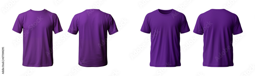 realistic set of male purple t-shirts mockup front and back view isolated on a transparent background, cut out realistic set of male purple t-shirts mockup front and back view isolated on a transparent background, cut out