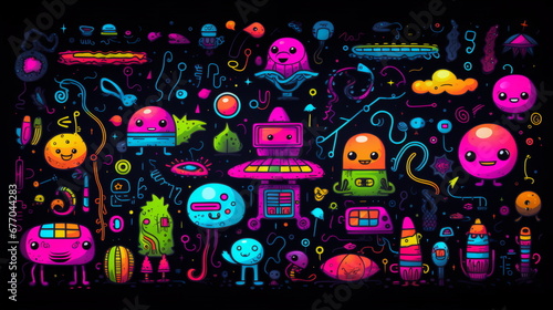 Black Background with Radiant Robots and Monsters, Vibrant Drawings in Mushroomcore Aesthetic