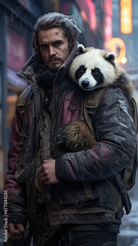 A Man Carrying a Panda Bear on His Back