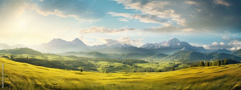A Serene Landscape: Majestic Mountains and a Verdant Field