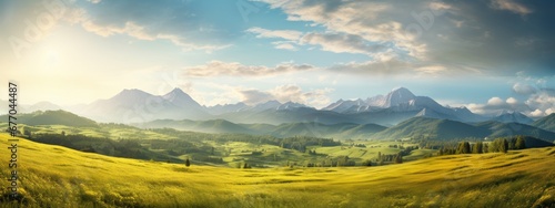 A Serene Landscape: Majestic Mountains and a Verdant Field © pham