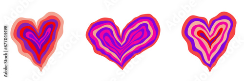 Psychedelic Heart set for valentines day. Retro tunnel psychedelic heart. Vector illustration