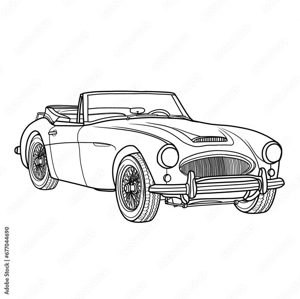Classic Vintage European convertible sports cars vector Illustration line art with two-door, open top, Hand-Drawn Outline Design, Isolated on White Background
