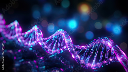 Glowing purple blue DNA glass strands isolated on dark background created with Generative AI Technology © AstraNova