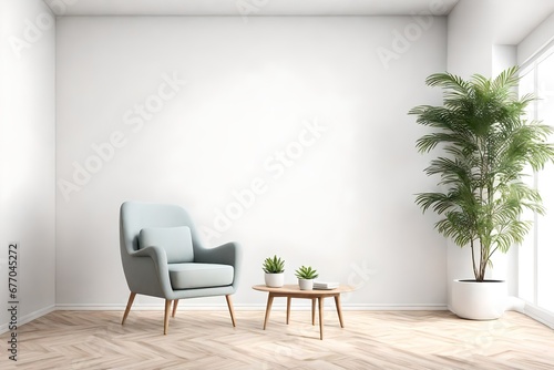 Interior of a bright living room with armchair on empty white wall background 