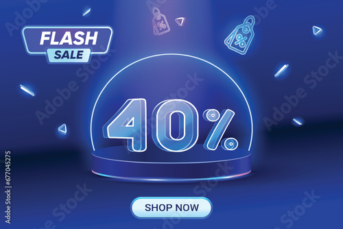 Flash Sale Discount Shopping on blue background. Neon Style Text. 40% Off Special Offer Campaign.