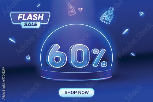 Flash Sale Discount Shopping on blue background. Neon Style Text. 60% Off Special Offer Campaign.