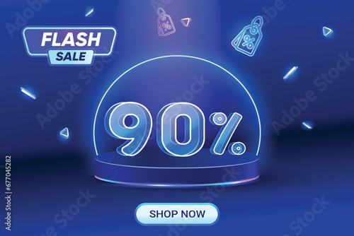 Flash Sale Discount Shopping on blue background. Neon Style Text. 90% Off Special Offer Campaign.