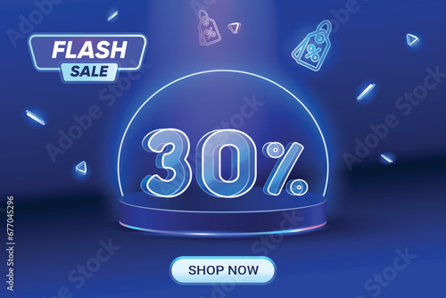 Flash Sale Discount Shopping on blue background. Neon Style Text. 30% Off Special Offer Campaign.