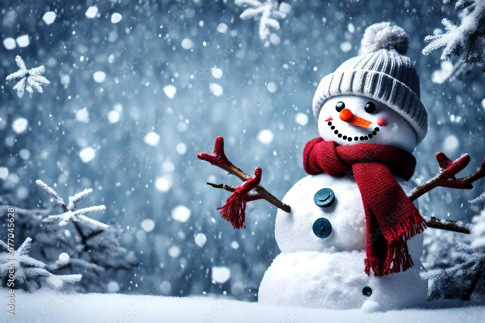 Snowman with hat and scarf isolated on white background, Snowman under the snowfall, doll of snowman in the forest 