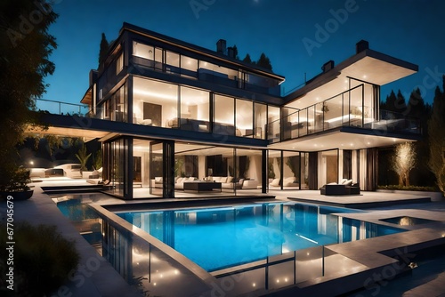 Expensive private villa. Swimming pool in a private house. Evening in a country house. Mansion exterior. Luxury villa with swimming pool. © usman
