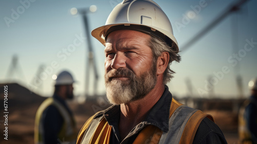 male construction worker looks at the camera confidently against the backdrop of environmentally friendly energy wind turbines created with Generative AI Technology
