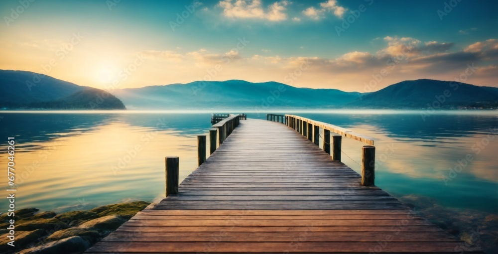 Fototapeta premium sunrise over the lake generated by al technology,lake in the mountains,sunset on the pier