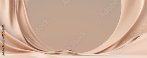 3D display, beige background with round, circle frame for text. nude color silk cloth curtain. Nature wind. Beauty, cosmetic product presentation . Luxury feminine template 3d render, Generative AI
