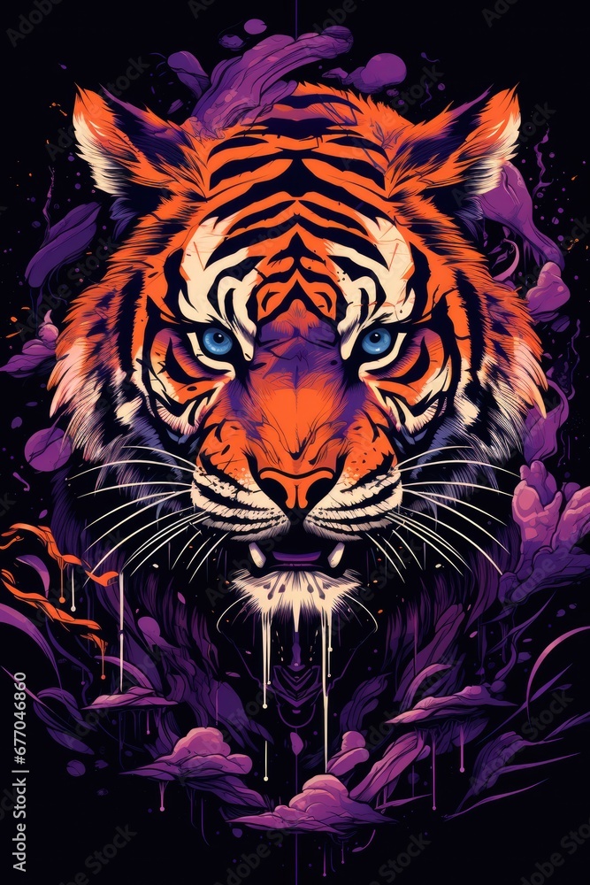 A Majestic Tiger with Piercing Blue Eyes Against a Vibrant Purple Background