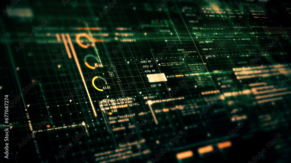 Fototapeta premium Immersive data matrix simulation UI with cutting-edge digital environment with a dynamic and immersive display of interconnected data matrix information networks systems background