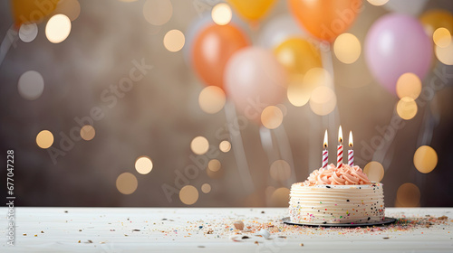 happy birthday cake with many candles on a wooden table with balloons and sparkling bokeh light in the background with empty space created with Generative AI Technology  photo