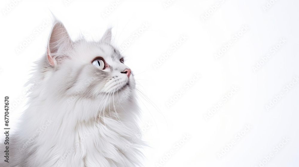 side view of cat looking side and thinking about something on white background with empty space created with Generative AI Technology 