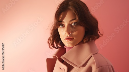 Woman with pink coach against light pink background, fashion with women, dressing concept.