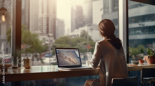 Wallpaper Mural Back view Woman works on laptop while sitting by the table in front of panoramic window  Torontodigital.ca