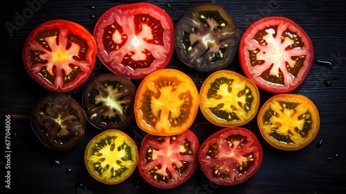 Tomato halves with water drops on wooden table, tomatoes and cooking