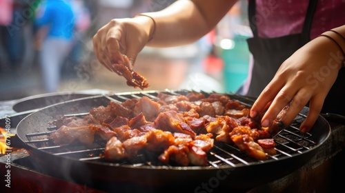 Close up, hands on grilled pork on street food in Thailand,