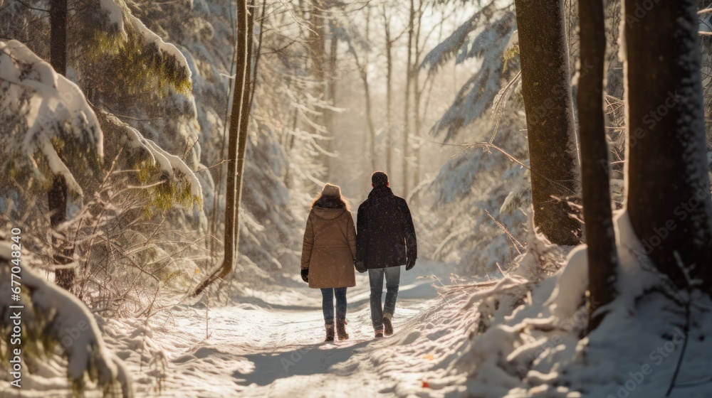 Winter couple, couple walking hand in hand in the snow-covered forest Winter couple, couple walking hand in hand in the snow-covered forest