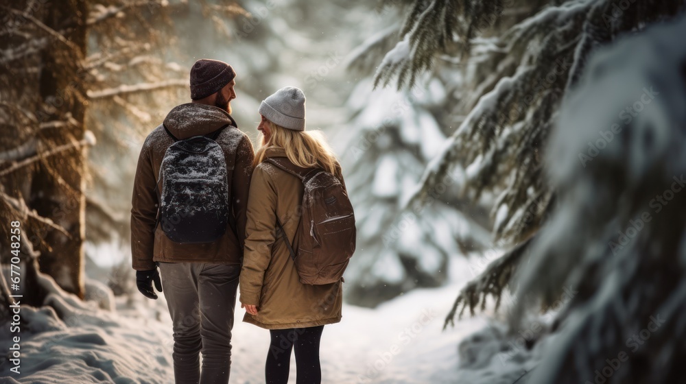 Winter couple, couple walking hand in hand in the snow-covered forest
