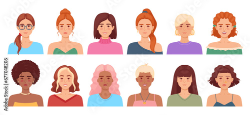 Avatars with different female hairstyles. Casual women portraits. Blondes and brunettes. Ladies with beautiful hair. Attractive face. Glamour hairdo. Wig and ponytail. Recent vector set