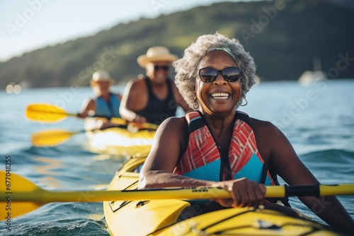 An elderly african american woman with friends, families, kayaking on the water photo